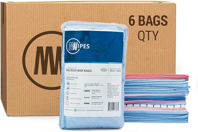 Mwipes­™ Bag of Microfiber Rags for Shop, Heavy-Duty, Commercial Cleaning - Approximately 40 Rags per Pack (4 lbs.) (6 Bags)