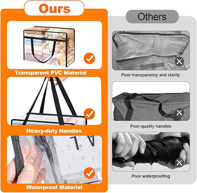 4 Pack Clear Clothes Storage Bags, Vinyl Blanket Storage Containers with Heavy Duty Zipper, Foldable Moving Bags, Closet Organizers for Bedding, Clothing, Comforters, Linens, Duvet (60L)
