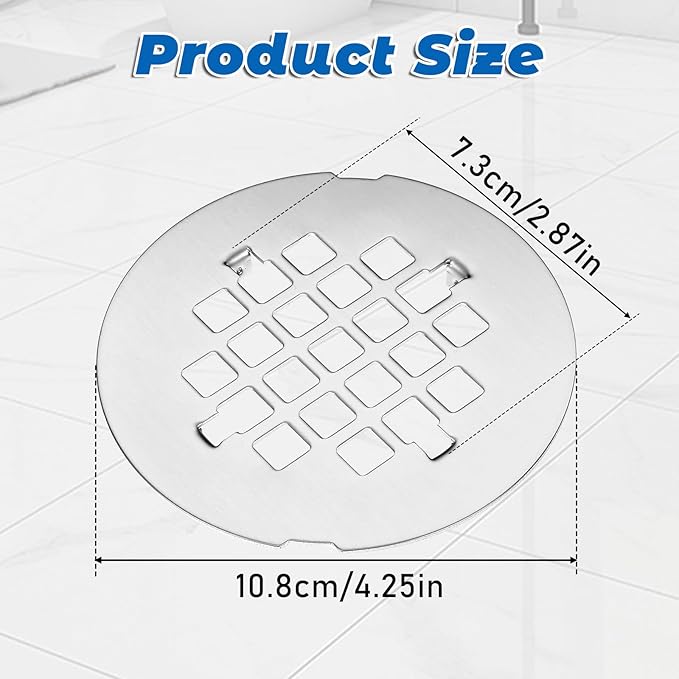 Shower Drain Cover, 4-1/4” Od Sliver Snap-in Shower Drain Strainer Round Showers Drains Showers Strainer Grid Easy-to-Install Bath Drains Cover Stainless Steel Replacement Floor Covers