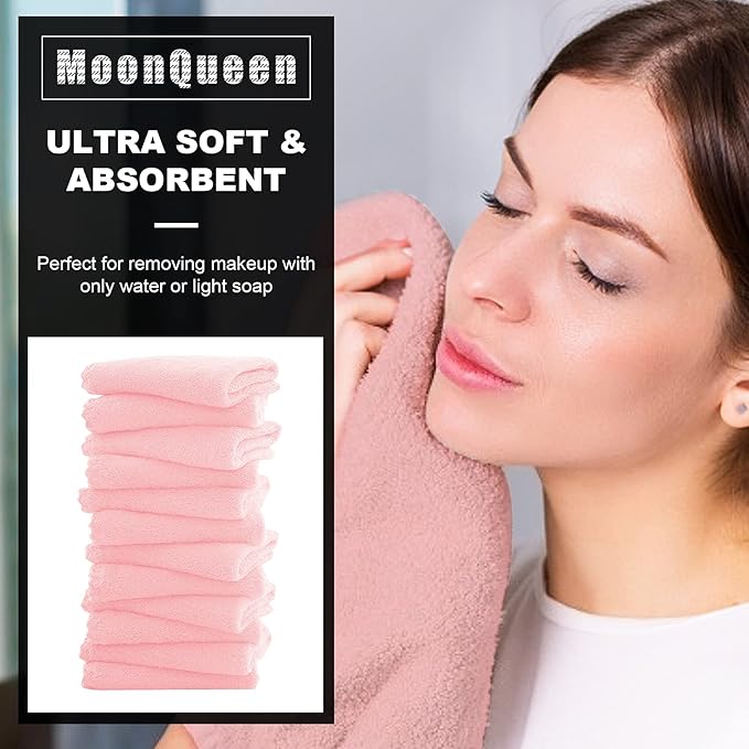 MOONQUEEN Microfiber Facial Cloths Fast Drying Washcloth 12 Pack - Premium Soft Makeup Remover Cloths - Pink