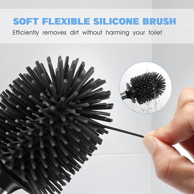 HAMITOR Toilet Bowl Brush Holder Set: 2Pack Silicone Stainless Steel Deep Cleaning Toilet Cleaner Brush for Bathroom Restroom - Compact Modern Rv Toilet Scrubber Accessories with Caddy