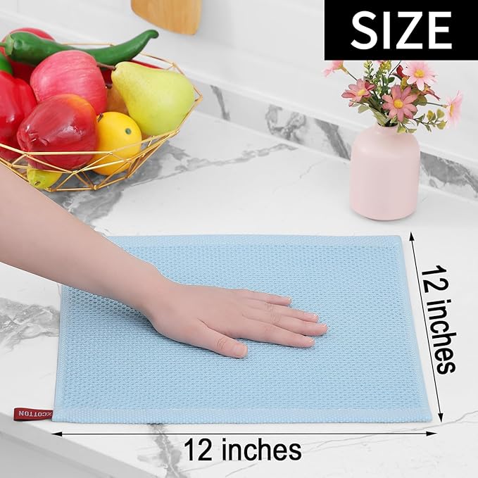 Homaxy 100% Cotton Waffle Weave Kitchen Dish Cloths, Ultra Soft Absorbent Quick Drying Dish Towels, 12 x 12 Inches, 12-Pack, Sky Blue