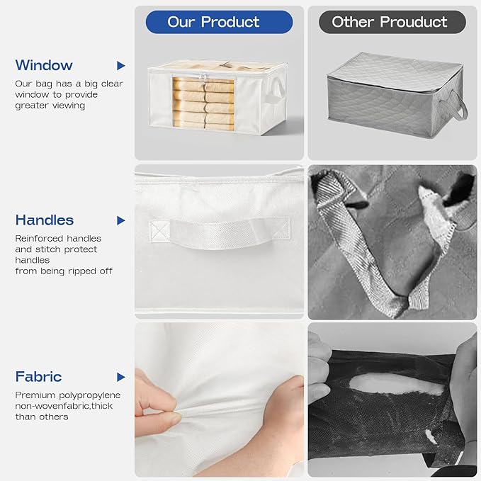 Clothes Storage Bags, Foldable Thick Fabric Blanket Storage Bags, White, 6PACK