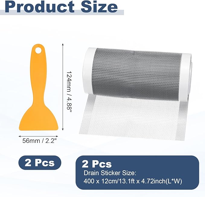 uxcell 2Pcs Disposable Shower Drain Cover Hair Catcher, 4.72in x 13.1ft Self Adhesive Mesh Hair Stopper with Removal Tool for Bathroom Kitchen Linear
