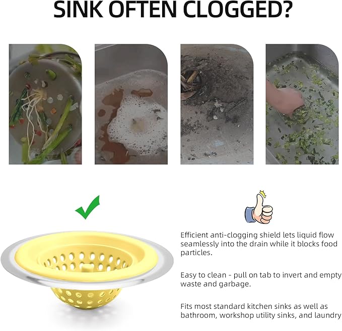 Silicone Strainer for Kitchen Sink, 2 Pack, Stainless Steel Reinforced, Basket Strainer, Drain Cover, Food Catcher, Debris Trap