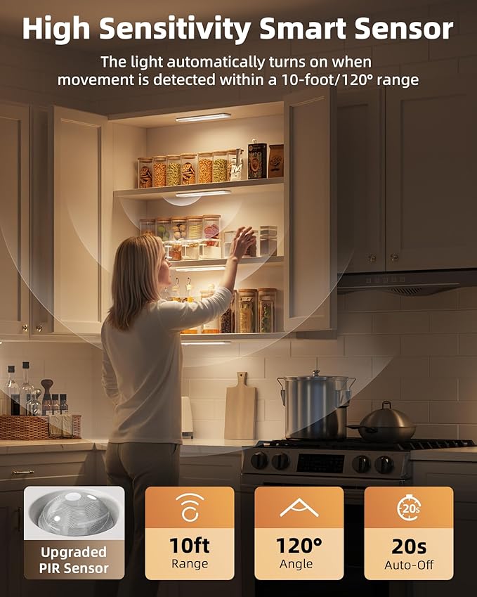 EZVALO 4-Pack Under Cabinet Lighting, 12-inch Motion Sensor Light, 2400mAh Rechargeable, 3 Color Temperatures, Dimmable, Magnetic Wireless Lighting for Kitchen, Closet, Pantry, Stairs