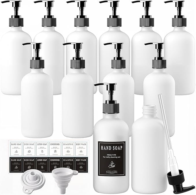TBWIND 12 Pack 16oz White Glass Soap Dispenser Bottles with Pumps, Refillable Glass Bottles for Shampoo Conditioner Lotion, Ideal for Bathroom, Kitchen, Waterproof Labels & Funnels Included