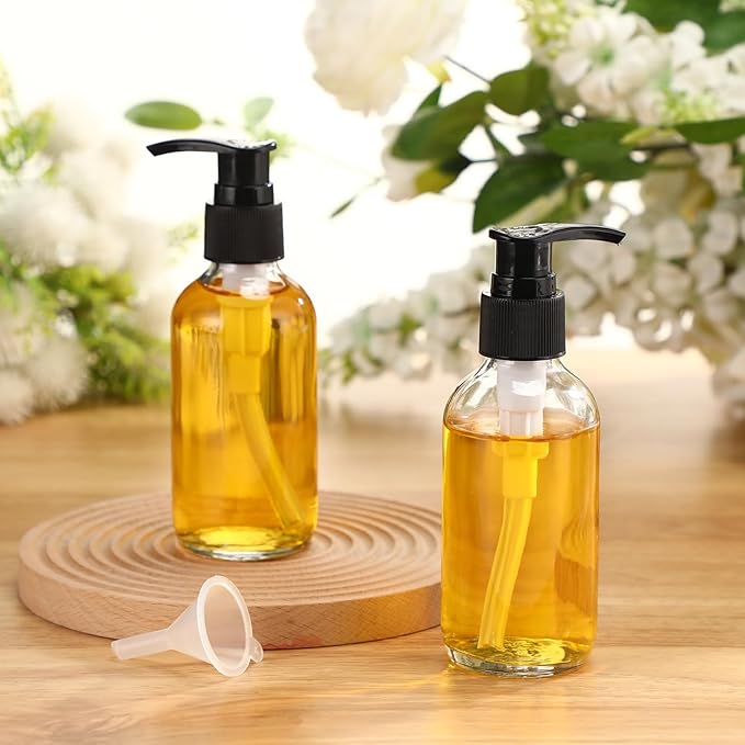 Fumete 2 Pack Glass Bottles 4oz Empty Refillable Liquid Containers with 1 Label 1 Funnel for Essential Oils Hair Travel Plants Cleaning Skin Care(Clear, Black Top,Pump Bottle)