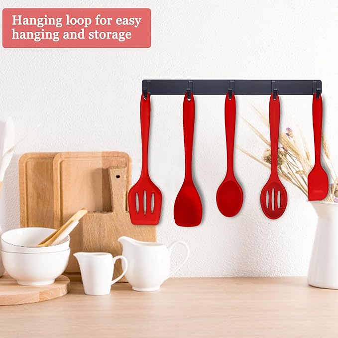 E-far Silicone Cooking Utensils Set, 24Pcs Heat Resistant Kitchen Utensil with Holder, Silicone Kitchen Tools with Spatula Turner Spoon Tongs Whisk, Non-Toxic & Dishwasher Safe (Red)