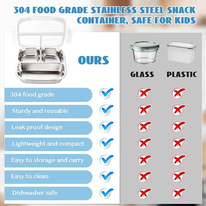 2 Pack Stainless Steel Snack Containers, 3 Compartments Reusable on the go Bento Box with Lids for Kids, Lunch Box Pre Meal Storage for School Office Outdoor Camping Travel - White & Blue