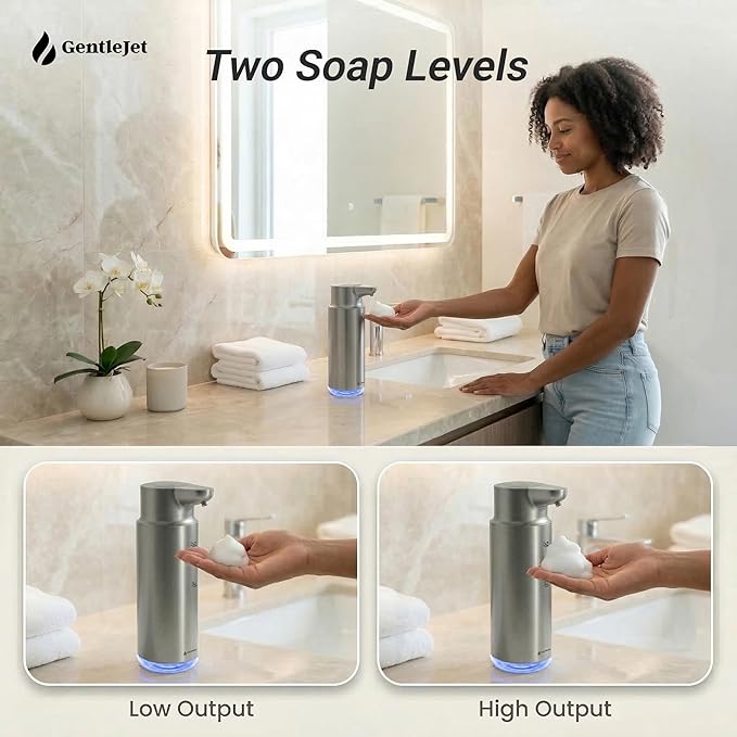 GentleJet CrystalJet Automatic Foam Soap Dispenser – Stainless Steel, Touchless Sensor, USB-C Rechargeable, Waterproof, Modern Bathroom & Kitchen Sink, 300 ml
