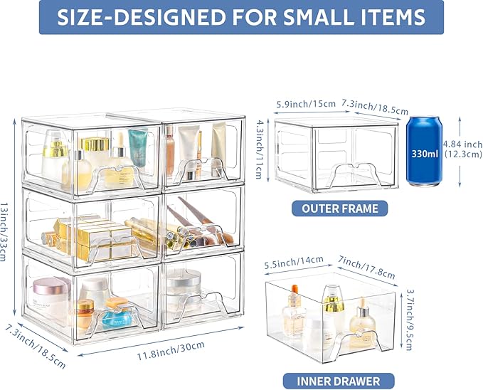 Plastic Drawers Storage, 6 Pack Clear Stackable Storage Drawers, Acrylic Storage Bins with Drawers for Fridge Organizers, Small PlasticDrawers Stackable for Makeup Organizers Cosmetic Display