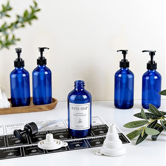 TBWIND 12 Pack 8oz Blue Glass Soap Dispenser Bottles with Pumps, Refillable Glass Bottles for Shampoo, Conditioner & Lotion, Ideal for Bathroom, Kitchen, Waterproof Labels & Funnels Included