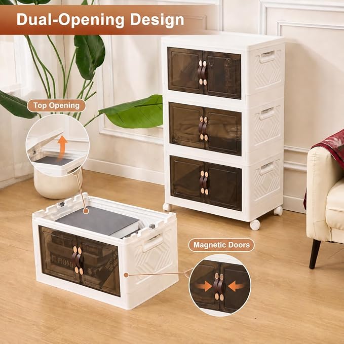 4 Tier Stackable Storage Bins with Lids, Total 106QT (4×26.5QT) Foldable Closet Organizer with Wheels, Collapsible Plastic Storage Boxes for Clothes, Toys, Kitchen, Office, and Dorm Room