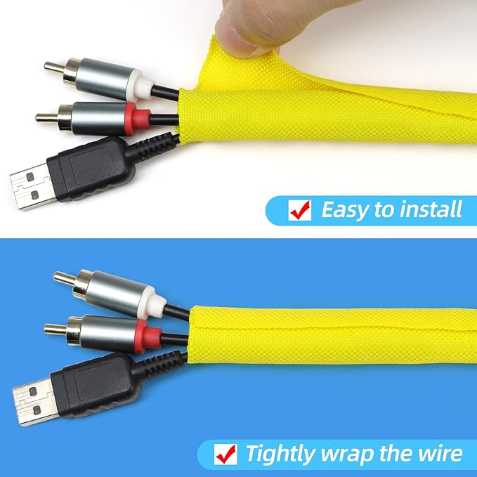 Automotive Wire Loom Tubing, Split Braided Cord Protectors from Pets No Chew, Flexible Cable Sleeve Cable Management for TV/Computer/Electric Wires (Yellow, 5/8"-25ft)