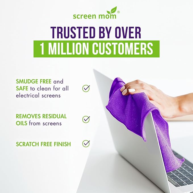 Screen Mom Screen Cleaner Purple Microfiber Cloths (4-Pack) - Microfiber Screens Cleaner Cloths, TV Cleaning Cloth for Electronic Cleaners, Laptop, Computer & Car Screens Cleaning Kit, TV Cleaners