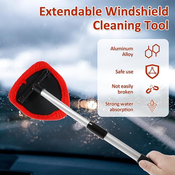Windshield Cleaning Tool, Car Window Cleaner with Extendable Long Handle and 4 Washable Reusable Microfiber Pads and Spray Bottle