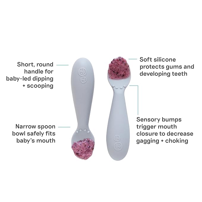 ezpz Tiny Spoon (2 Pack in Pewter) - 6 Months+ - 100% Silicone Spoon for Baby Led Weaning + Purees - Designed by a Pediatric Feeding Specialist - Shower Essentials & Gifts