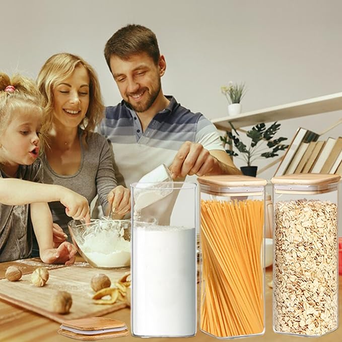 VIEWELLD 2.2 Qt Square Glass Storage Containers with Lids, Clear Food Storage Container Jar with Sealing Bamboo Lid Storage Containers for Pasta, Oats