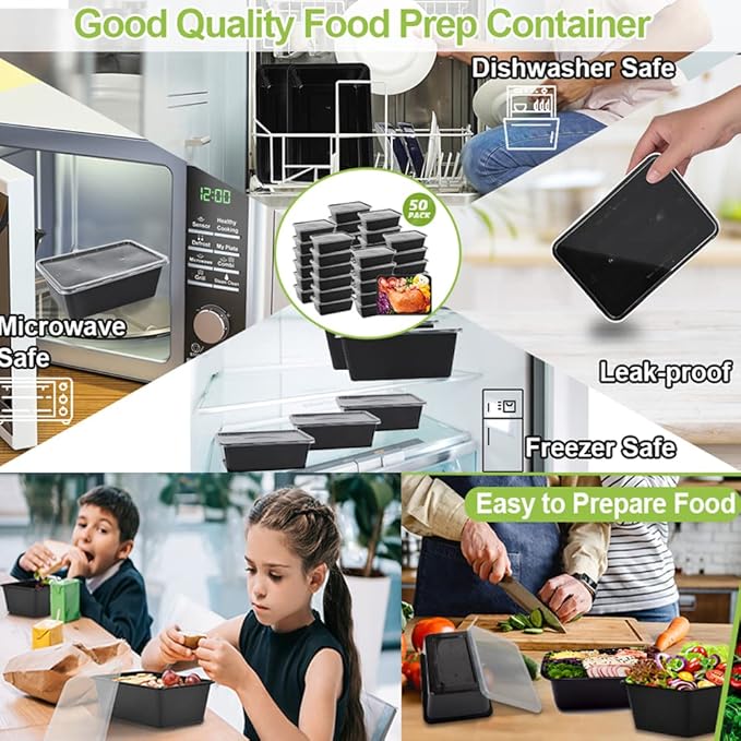 50-Pack Food Prep Containers, 1000ML/ 34 OZ Microwavable Food Storage Containers with Lids, Reusable Plastic lunch Containers Lunch Boxes- Stackable