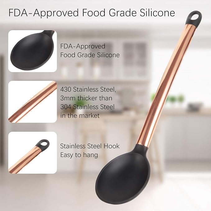 Silicone Cooking Utensil Set,14 Pcs Kitchen Utensils Set with Holder Non-stick Heat Resistant Cookware Cooking Turner Tongs Spatula Spoon with Stainless Steel Handle (Gold Black) BPA Free, Non Toxi