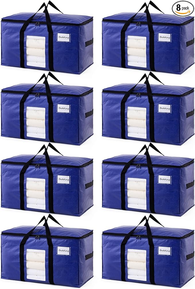 8 Pack Dark Blue Extra Large Moving Bags, Heavy Duty Totes with Visible Window