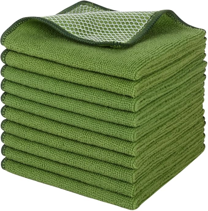 SINLAND Microfiber Dish Cloth for Washing Dishes Dish Washing Rags Best Kitchen Washcloth Cleaning Cloths Wash Cloths with Poly Scour Side 12Inchx12Inch 10 Pack Green
