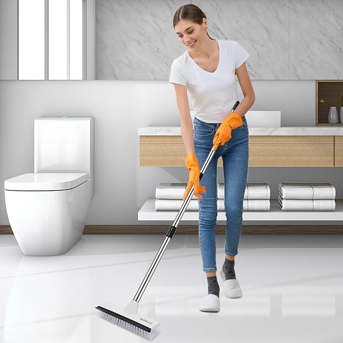 SetSail Floor Scrub Brush with 51-Inch Long Adjustable Handle 2 in 1 Scrape Brush Stiff Bristle Floor Scrubber for Cleaning Shower Bathroom Garage Kitchen Wall Deck Tub Tile, Grey Black