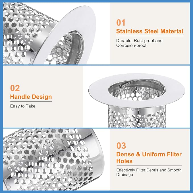 uxcell 2 Pack Shower Drain Strainer, 3.1" x 2.2" Stainless Steel Floor Drain Strainer Deep Sink Hair Catcher for Kitchen Bathroom Balcony Floor Drain, Fit Hole Size from 1.4" to 2"