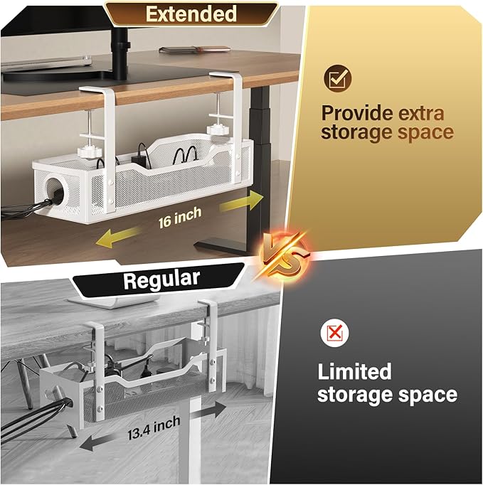 Under Desk Cable Management Large, Cinati 16" Cable Management Box for Table Thickness up to 3", Wire Cord Organizer with Clamp No Drill, No Damage to Desk (White)
