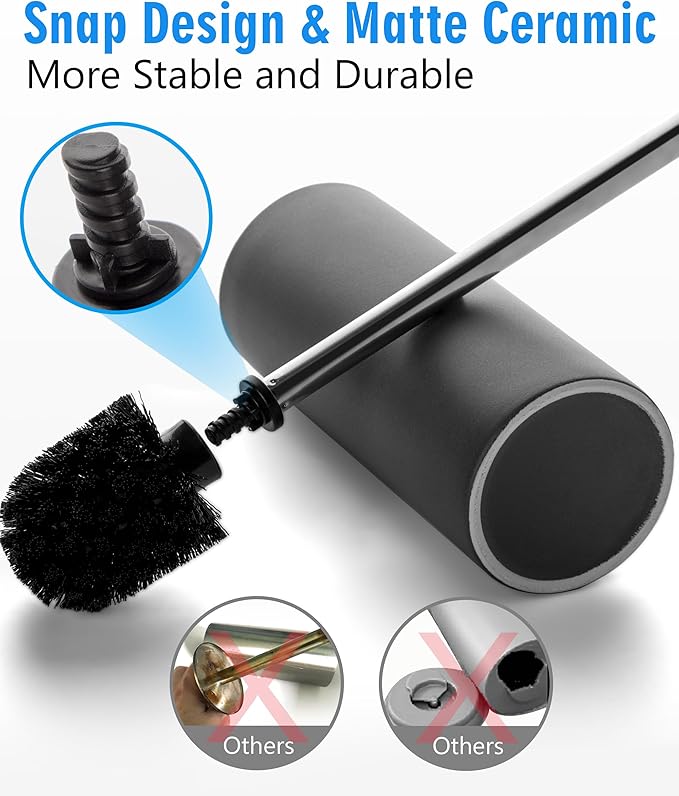 Matt Gray Ceramic Toilet Brush and Holder Set, Freestanding Toilet Bowl Cleaners Brush, Scrubber Brush for Toilet, Bathroom Accessories with Stainless Handle, Deep Cleaning