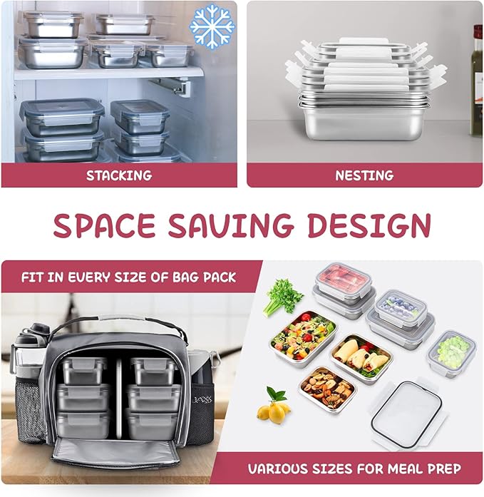 Cykorxicc 10 PC Square 304 Stainless Steel Food Containers with Lids, Airtight Bento Lunch Box, Metal Meal Prep Food Containers Reusable Stackable