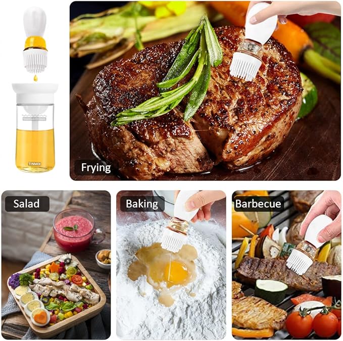 Oil Dispenser with Brush - 2 Pack Glass Olive Oil Dispenser, 2 IN 1 180ml Oil Dispensing Bottle with Basting Brush for Cooking Frying Baking Kitchen, T-OB21S, White+Grey