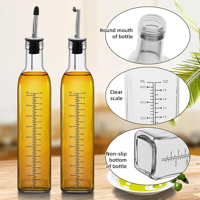 17oz 4 Pcs Scale Olive Oil Dispenser Bottle,500ml Glass Oil and Vinegar Dispenser Set with 4 Stainless Steel Pourers, 8 Labels,Funnel Oil Bottles for Kitchen (Clear)
