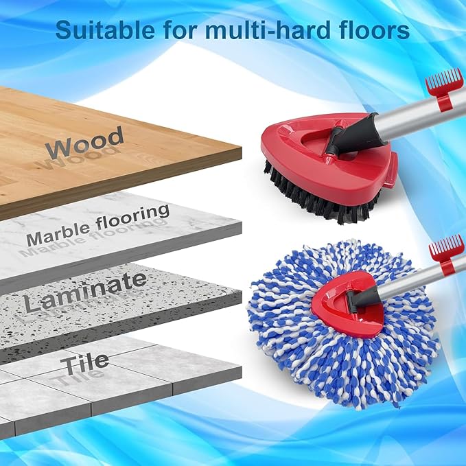 Fatmass Spin Mop Head and Brush Replacement Compatible with O Cedar RinseClean 2-Tank System, 4 Mop Replace Heads, 1 Handle, 1 Base and 1 Scrub Brush Combo Set