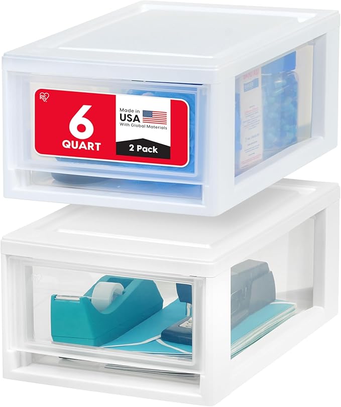 IRIS USA 6 Qt. Plastic Drawer Storage Organizer Stacking Drawers, 2-Pack, Stackable Unit with Sliding Drawer for Bedroom Kitchen Under Sink Pantry Craft Room Bathroom Dorm Office, White