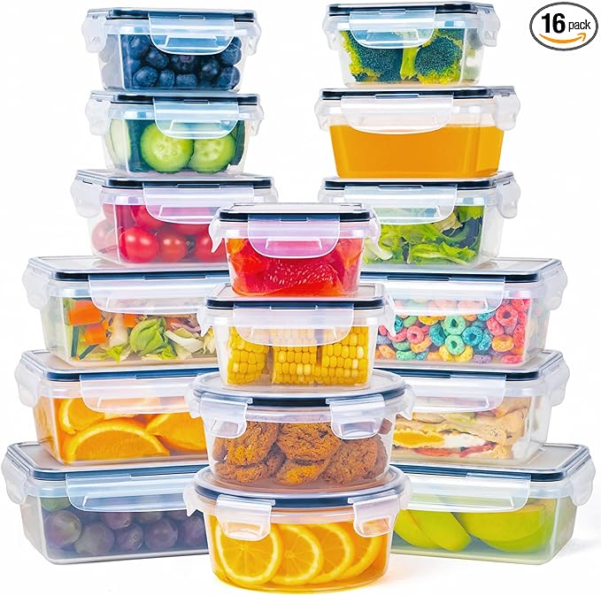 FOOYOO 32 Piece Food Storage Container with Lids (16 Containers + 16 Lids) - Plastic Food Containers with Lid, Airtight Leak Proof Snap Lock, BPA Free Storage Containers