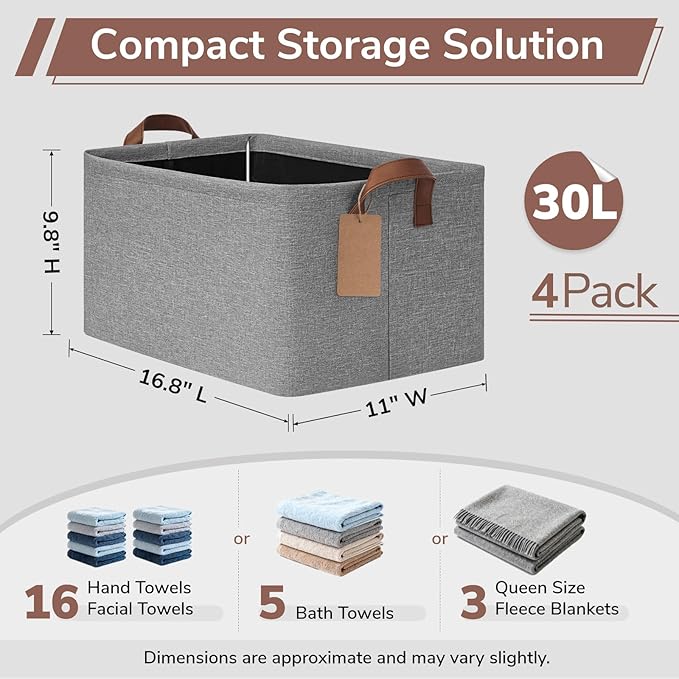 4 Pack Large Storage Baskets for Shelves, Gray