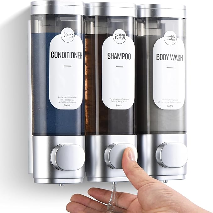 Shampoo and Conditioner Dispenser, Refillabe Shower Soap Dispensers 3 Chamber No Drill Shampoo Dispenser for Shower Wall Mounted 3 * 300ml Container for Bathroom Hotel (Sliver 3 Chamber)