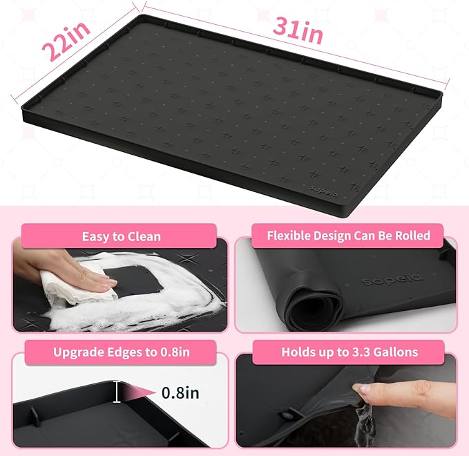 Under Sink Mat 31"×22" Waterproof Silicone Cabinet Liner & Sink Protector, Black