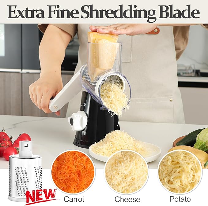 Cambom 5 in 1 Rotary Cheese Grater Hand Crank Cheese Shredder for Fresh Cheese, Vegetable, Nuts,Non-slip Suction Base, Black