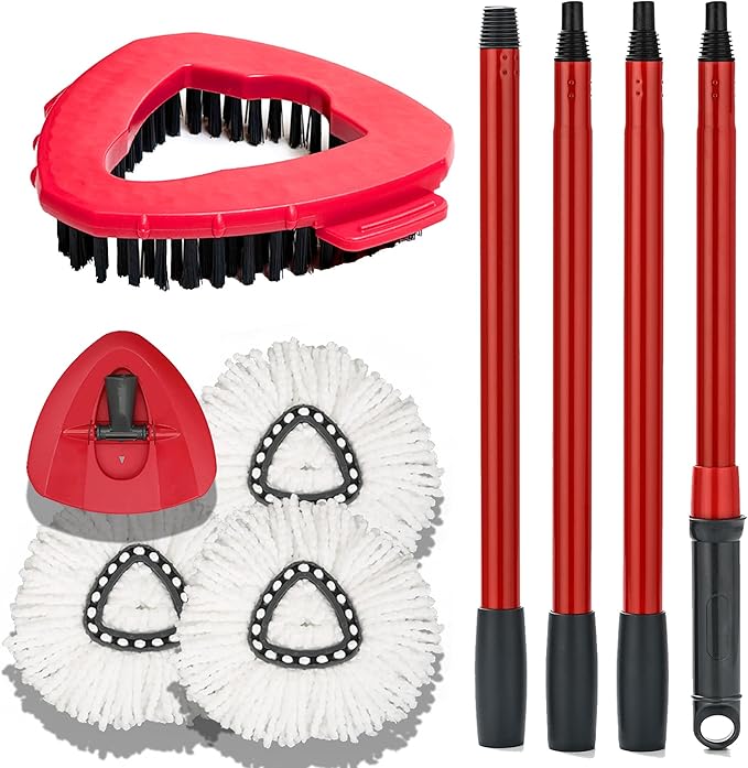Mop Head Replacement for Ocedar: Spin Mop Heads Refill Compatible with O Cedar - 9 Pcs Kit Attachment Included 3 Microfiber Replace Heads, 55" Extended Mop Handle, 1 Mop Base and 1 Floor Scrub Brush
