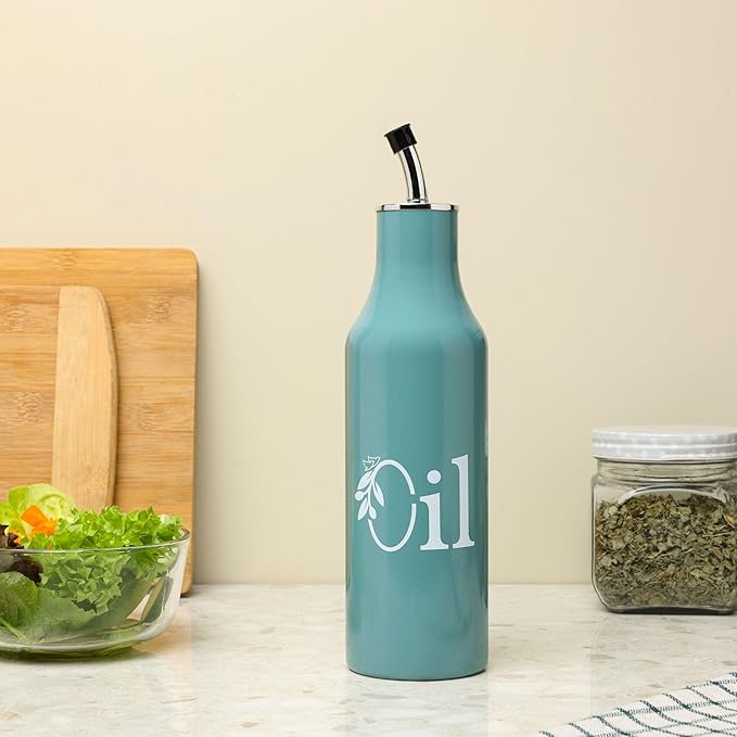dudki 1 Litre Stainless Steel Oil Dispenser Bottle | Durable Metal Oil Pourer with Secure Leak-Proof Cap and Clean No-Drip Spout | Rust-Free Kitchen Oil Container for Everyday Cooking (Moss Green)
