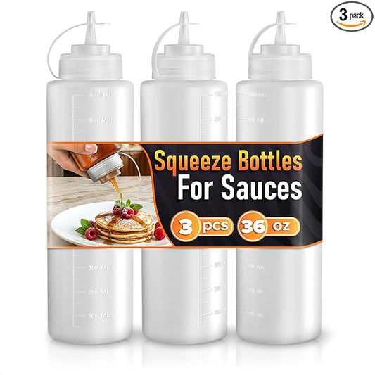 3-Pack Plastic Condiment Squeeze Bottles 36oz – Refillable Squirt Bottles with Narrow Tip, Leak-Resistant | Great for Oil, Sauces, Ketchup, Mayonnaise