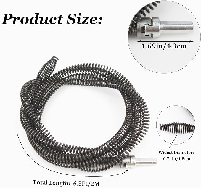 10mm Heavy-Duty Drain Auger Snake Cable with Drill Adapter - 6.5Ft/2M Flexible Plumbing Clog Remover for Kitchen, Bathroom, Toilet, Shower Sink & Pipe