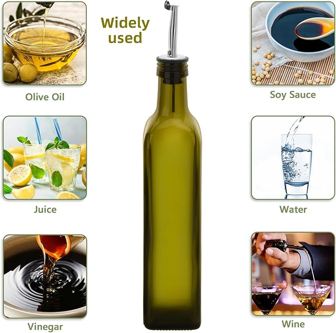 1 Pc 17oz Olive Oil Dispenser Bottle,500ml Glass Oil and Vinegar Dispenser Set with 1 Stainless Steel Pourers,Funnel Oil Bottles for Kitchen (Green)