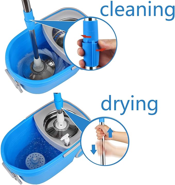 Mop Bucket with Wringer Set On Wheels,360 Spin Mop and Bucket Set,with 61" Stainless Steel Telescopic Handle and 3 Replacement Head(25QT,Blue)