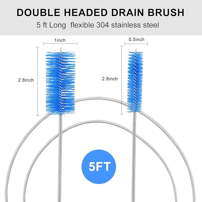 Flexible Drain Brush Cleaner Kit – 5ft Long Elastic Double Head Nylon Cleaning Brush + 3pcs 10inch Straw Brushes for Aquarium Water Filter Pipe Hose