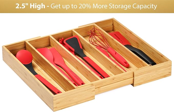 Umilife Expandable Kitchen Drawer Organizer, 2.5" High Bamboo Utensils Silverware Tray, Adjustable Large Deep Wood Organization Holder