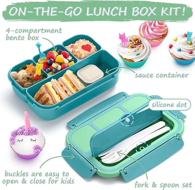 QQKO Bento Box for Kids Adults, School Toddler Lunch Box for Boys Girls, Lunch Box Containers with 4 Compartments, Sauce Container, Utensils